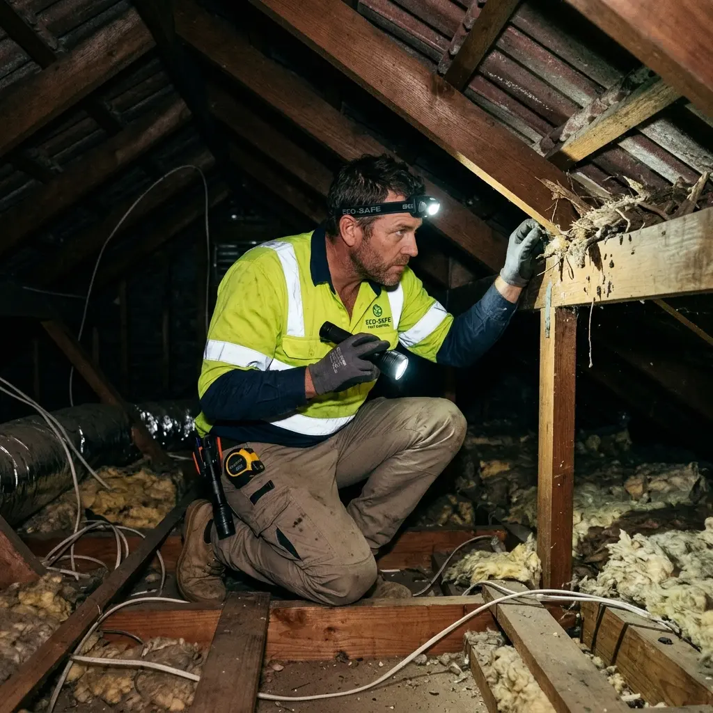Technician inspecting a roof cavity for a dead animal in Lilydale